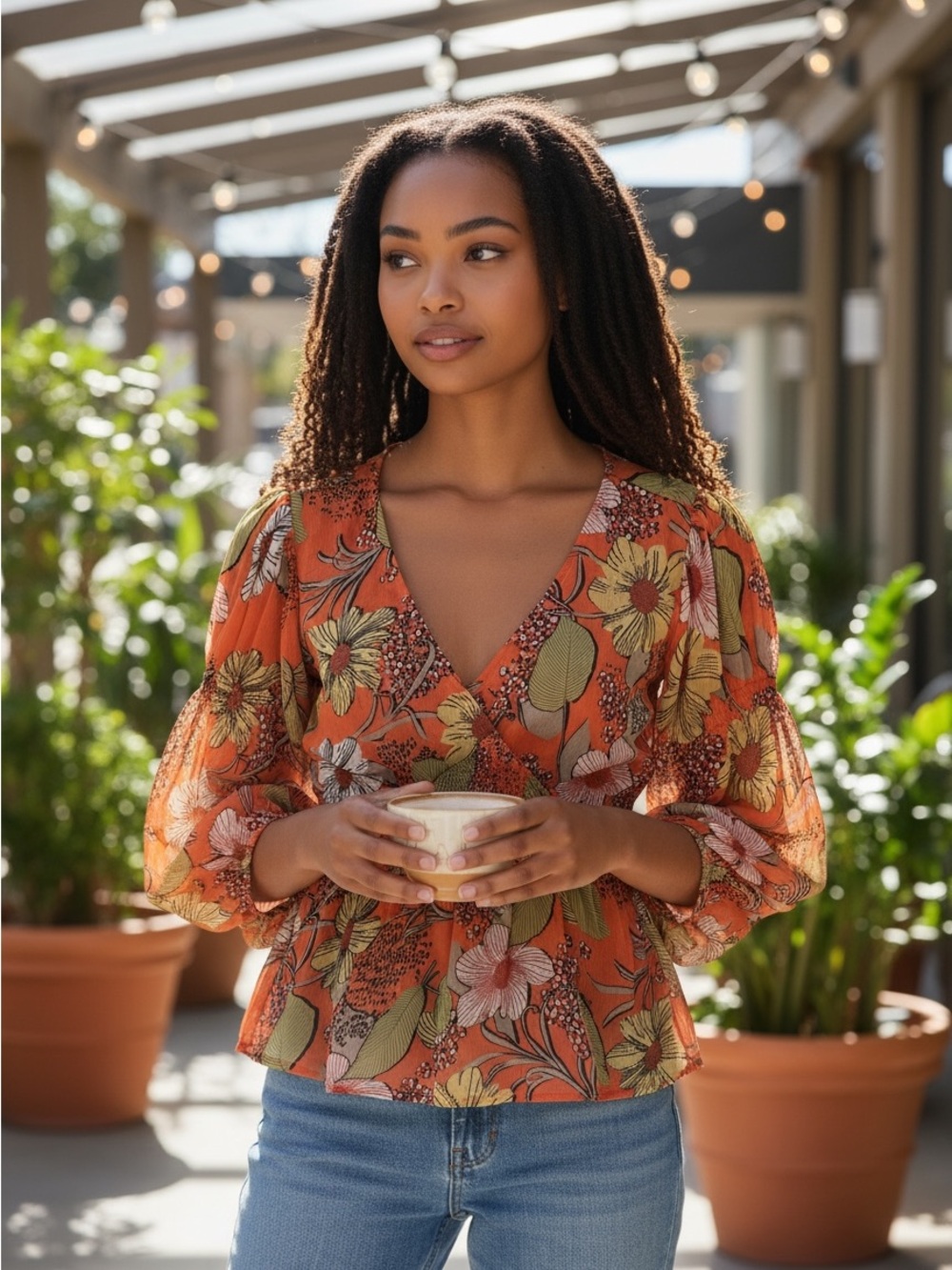 Figueroa & Flower V-Neck Balloon Sleeve Top